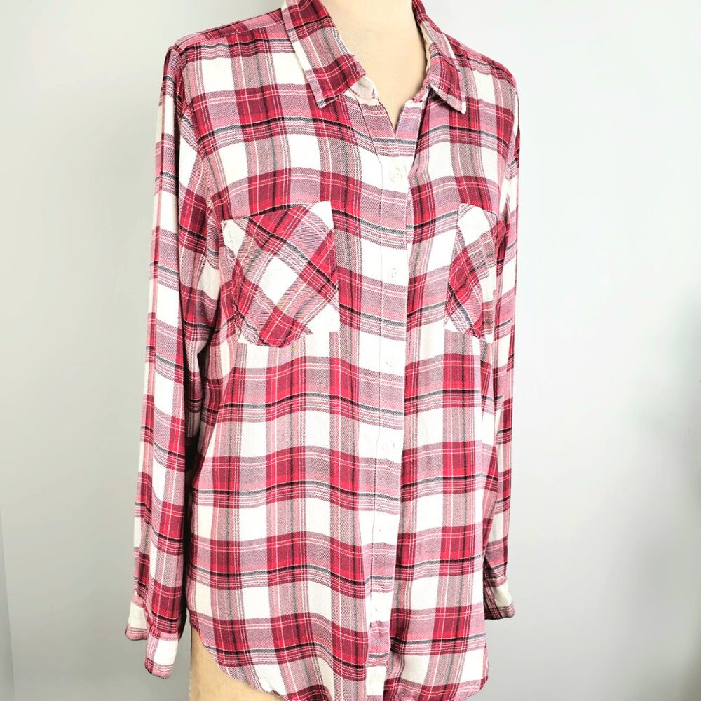 Lucky Brand Plaid Button Down Shirt High Low Hem Back Vent Pink Size L